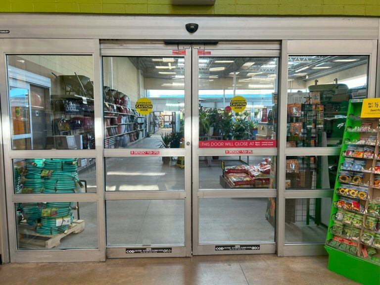 Clean glass entry doors at a garden center