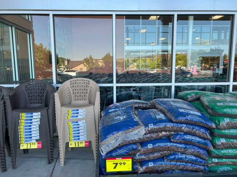 Row of clean retail front windows above outdoor merchandise