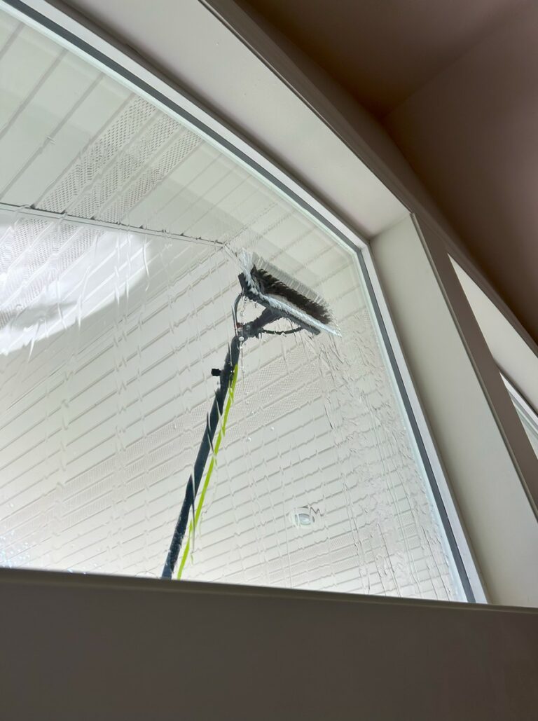 Water-fed pole brush scrubbing the outside of a window